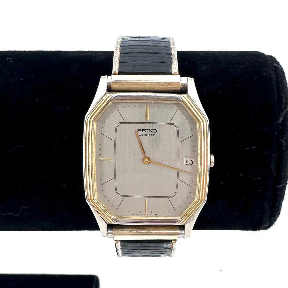 Vintage Seiko Mens Quartz Watch Black Gold Expansion Band Date New Battery